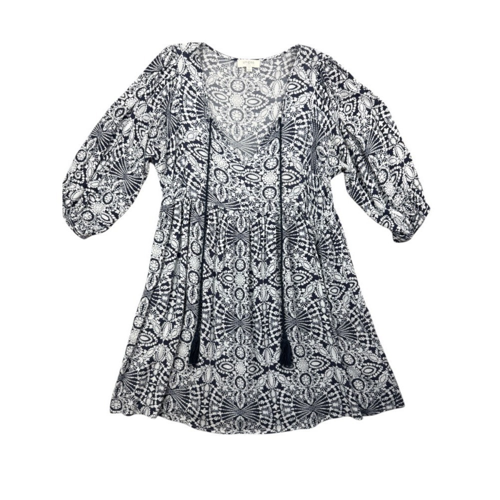 Umgee Navy White Embroidered V-Neck Tassel Puff Sleeve Knee Length Dress S